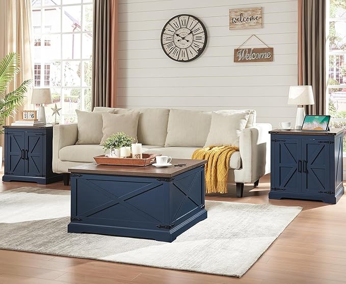 Farmhouse Square Coffee Table with Storage, Wood Center Table with Hinged Lift Top, Rustic Cocktail Table with Large Hidden Storage Compartment for Living Room, Bedroom,Blue