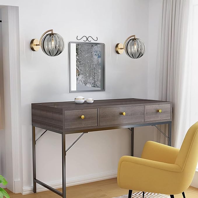 KCO Lighting Mid Century Modern Wall Mount Light Gold Wall Sconces Set of 2 Vintage Smoked Glass Wall Sconces Set of Two Farmhouse Bathroom Vanity Light Fixtures Brass Wall Sconce Globe Lamp