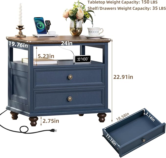 Farmhouse Nightstand Set of 2 with Charging Station, 24" Wide End Table with 2 Drawers,Wood Dresser for Bedroom,Bed Side Table Chest of Drawers Cabinet,Navy BlueNight Stand for Living Room