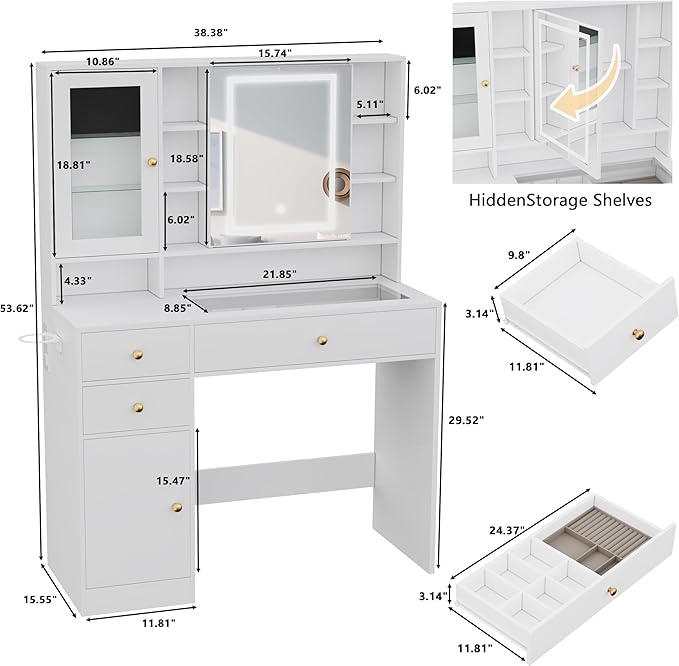 Makeup Vanity Desk with Mirror and Lights, White Vanity with Glass Top, Jewelry Storage, Power Outlets, 3 Drawers & 2 Cabinets, Adjustable LED Lighting, Dressing Table for Women & Girls Bedroom