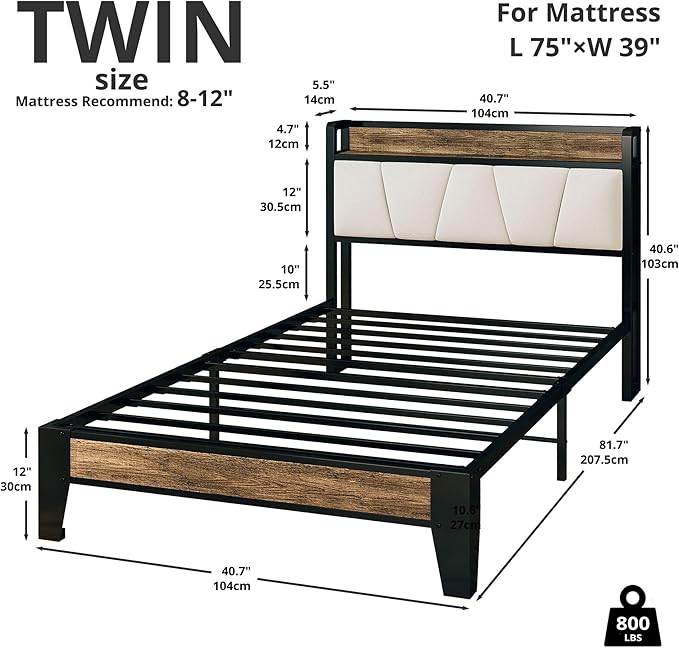 LIKIMIO Twin Bed Frames, Storage Headboard with Charging Station, Solid and Stable, Noise Free, No Box Spring Needed, Easy Assembly (Walnut and Beige)