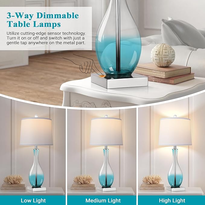 WIHTU Table Lamps Set of 2 with Touch Control, 27" Bedside Desk Lamps for Nightstand Decorations, 3-Way Dimmable Modern Glass Table lamp with USB C and A Charging Ports, Blue (LED Bulbs Included)
