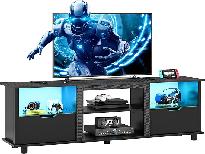 Bestier 70" Gaming Entertainment Center with Drawers, LED TV Stand for 75 Inch TV, TV Entertainment Stand for Living Room with Storage and Glass Shelves (Black 3D Carbon Fiber)