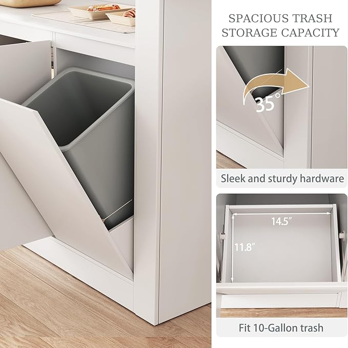 86.6" Large Kitchen Island with Trash Can Storage, Stationary Storage Island with 3 Drawers and 2 Shelves, Wood Island Table with Large Countertop for Kitchen, Dining Room,White