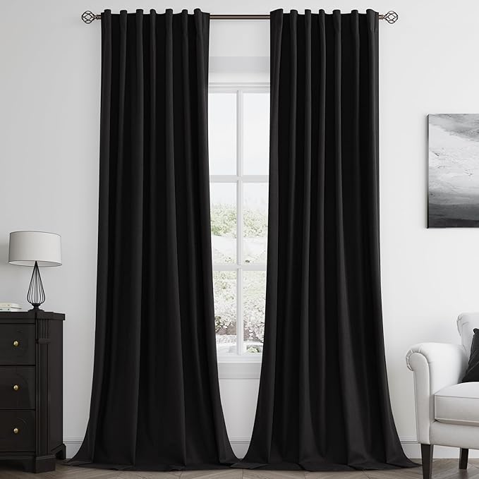 Guken Black Linen Blackout Curtains 120 Inch Length 2 Panels Set for Living Room Bedroom Back Tab Thermal Insulated 100% Black Out Linen Drapes Room Darkening Window Curtains 120 Inches Long