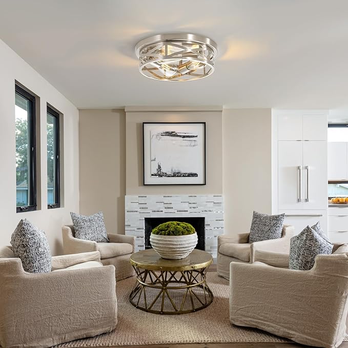 13 inch Brushed Nickel Flush Mount Ceiling Light Fixtures,3-Light Modern Hallway Light Fixtures Ceiling, Brushed Nickel Light Fixture Ceiling Mount for Farmhouse,Kitchen, Bedroom 2 Pack