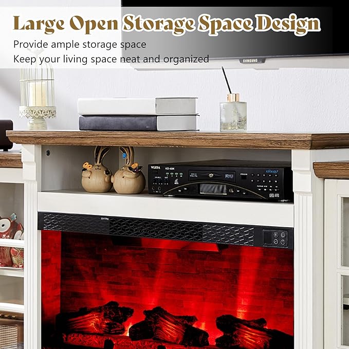 AMERLIFE 97" Farmhouse Fireplace TV Stand, Entertainment Center with Large Storage Space and Adjustable Shelf, Media Console for Living Room, White/Barnwood