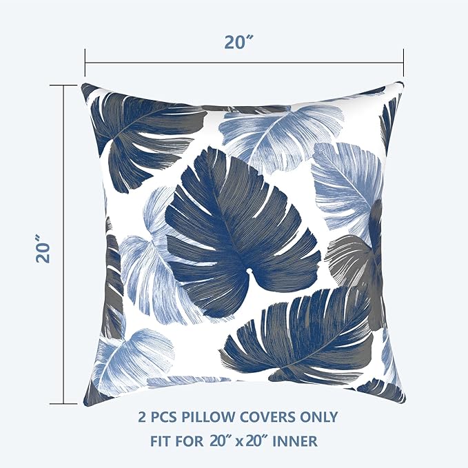 LVTXIII Outdoor Throw Pillow Covers 20 x 20 Inch, Covers ONLY Modern Cute Pattern Decorative Square Toss Pillow Case Pack of 2 for Home Patio Garden Sofa Bed Furniture, Monstera Blue