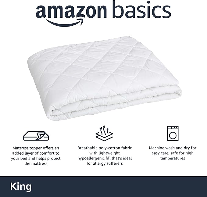 Amazon Basics Hypoallergenic Quilted Breathable Mattress Topper Pad, 18 Inches Deep, King Size, White