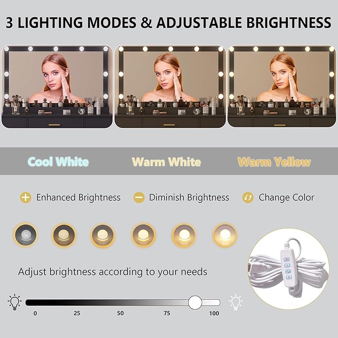 Vanity Desk with 38" Large Mirror and 9 LED Lights & Glass Top and Power Outlet, Adults Makeup Vanity with Chair and 7 Storage Drawers, Dressing Table Set for Bedroom, Modern Black