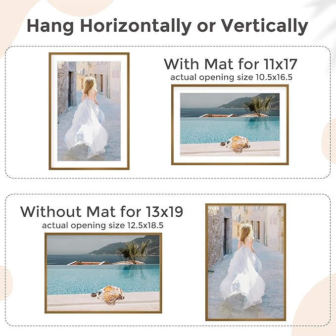 13x19 Metal Picture Frame for Wall With Mat for 11x17, 13''x19'' Aluminum Photo Frames With Tempered Glass for Home Decor, Minimalist Modern Poster Frame Horizontal And Vertical Formats, Bronze