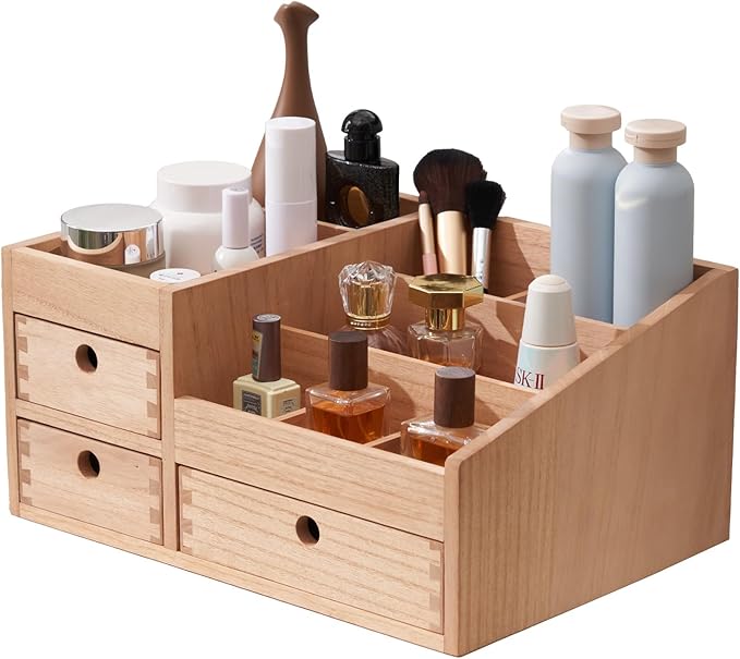 KIRIGEN Wood Makeup Organizer Storage Cabinet Tabletop Cosmetic Organizer Jewelry Storage Box 8 Compartment Makeup Display Case with 3 Drawers Natural(HZG-NA)