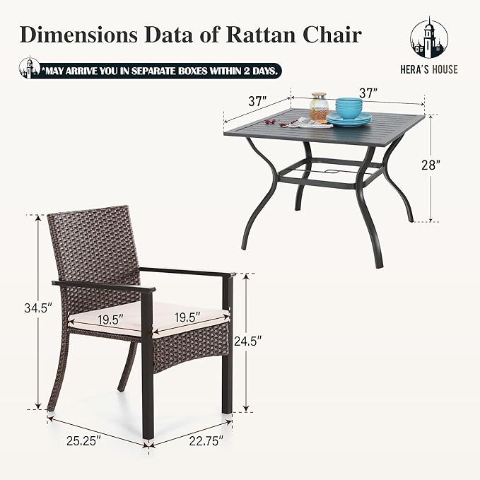 HERA'S HOUSE Outdoor Dining Set 5-Piece, 4 PE Wicker Patio Chair with Cushion & 37" Square Metal Dining Table with 1.57" Umbrella Hole for Lawn Garden Backyard Deck