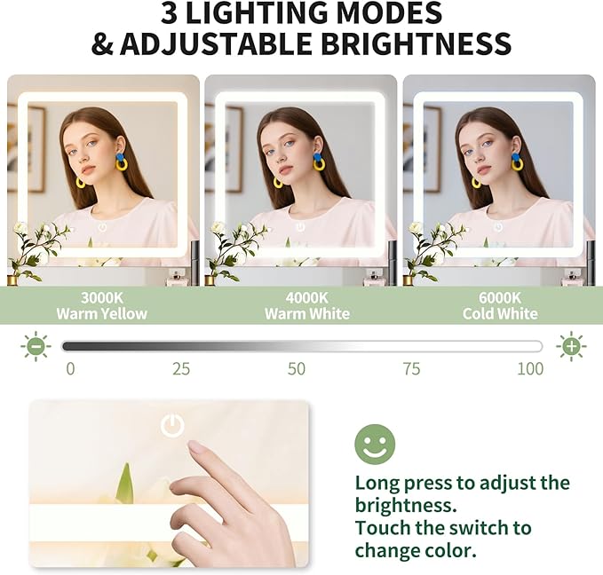 Makeup Vanity Desk with Mirror and Lights - 55.2in Vanity Table with 5 Drawers & Adjustable Cabinets, Large Makeup Vanity, Wood Farmhouse Dressing Table White Vanity Desk for Bedroom, 3 Lighting Modes