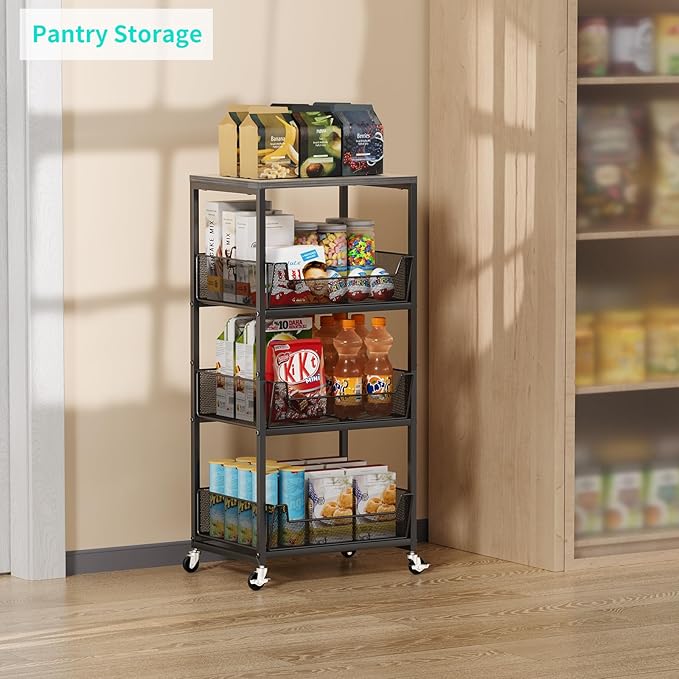 HapiRm Fruit Basket Kitchen Cart - 4-Tier Rolling Storage Cart with Wheels, Fruit Vegetable Basket with Wood Top, Pantry Utility Kitchen Organizer for Fruit Potato Onion Vegetable Bread Snack