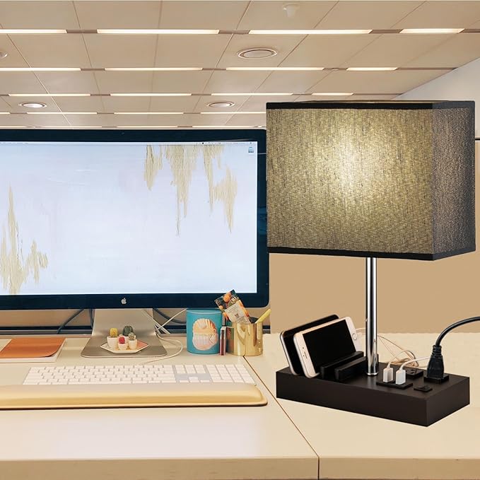 Briever USB Table Lamp, Multi-Functional Bedside Desk Lamp with 2 AC Outlets, 3 USB Charging Ports and Wooden Phone Stand Organizer, Ideal Nightstand Lamp for Bedroom, Black Shade