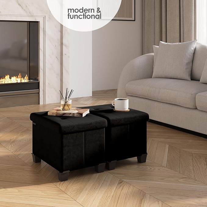 STORAGEBUD Storage Ottoman Cube with Small Bin, 16-in Square Ottoman with Storage for Living Room and Bedroom, Small Ottomans Foot Rest, Velvet Foot Stools Ottomans Max 330lbs, Black