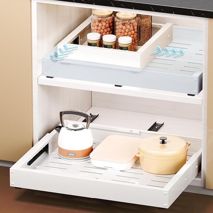 2Pack Pull Out Cabinet Organizer, Slide Out Drawer Expandable Width (12"-19") and Depth (17"-23") With 3 Slides, Fixed with Adhesive Film or Nail for Cabinets in Kitchen, Pantry or Bathroom