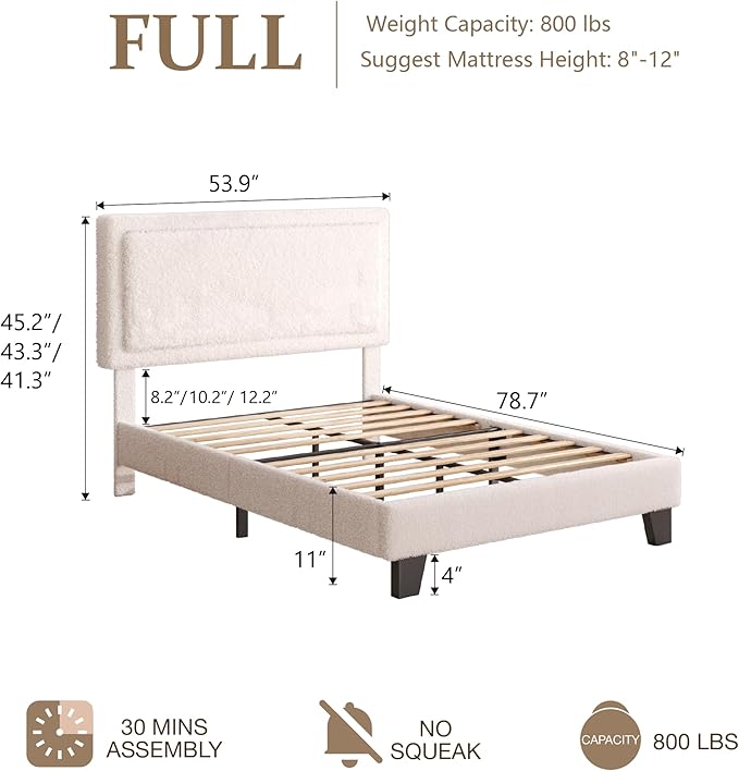 Full Size Boucle Bed Frame, Upholstered Platform Cloud Bed Frame with Headboard, Soft Teddy Fabric, Modern Style, No Box Spring Required, Easy Assembly, Beige