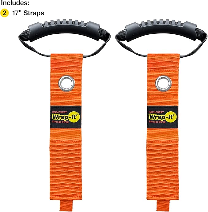 Easy-Carry Wrap-It Storage Straps - 17” (2-Pack) Blaze Orange with Grommet - Extension Cord Hanger Carrying Straps for RV Accessories
