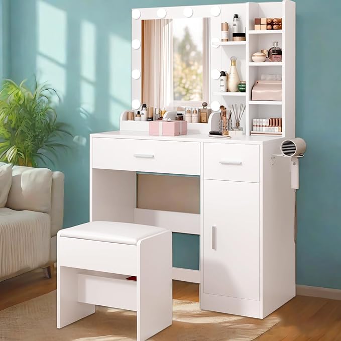 White Vanity Desk with Mirror and Lights, Makeup Vanity Desk with Lights 3 Colors, Dressing Table with 10 Bulbs, Power Outlet 2 Drawers Vanity Stool Makeup Table Set for Bedroom, Dressing Room