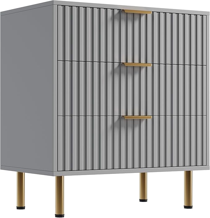 3 Drawer Dresser for Bedroom, Fluted Modern Nightstand with Deep Drawers, Chest of Drawers with Wide Top, Wooden Dresser Organizer, Side Table for Living Room, Hallway, Kids Room, Grey