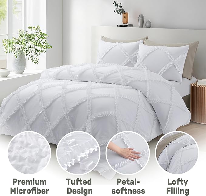 Bonlino Queen Comforter Set Soft Bedding - 3 Pcs Tufted Decor Fluffy Comforter Boho Bed in a Bag with Cute Lightweight Pillowcase for Dorm Farmhouse Bedroom Luxury Gift(White)