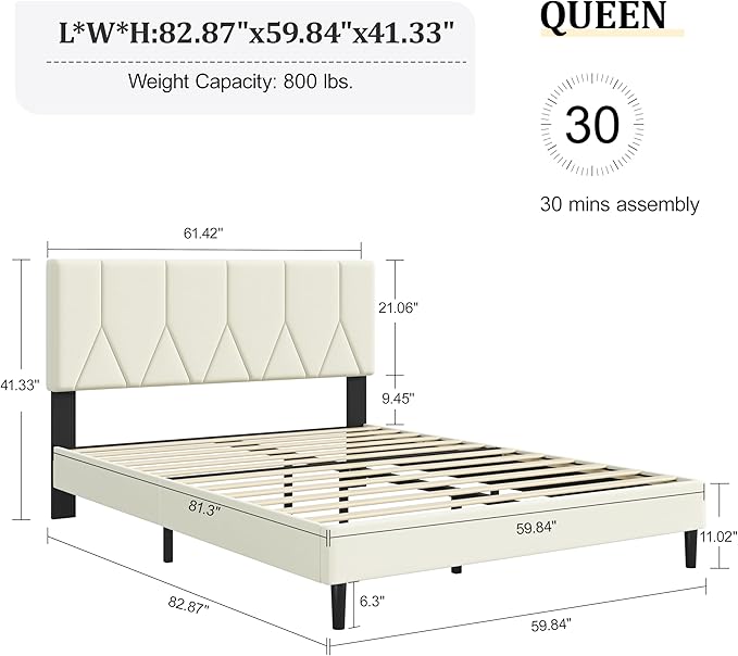 Queen Size Bed Frame, Platform Bed Frame with Velvet Upholstered Headboard, Queen Upholstered Mattress Foundation with Strong Wooden Slats, No Box Spring Needed, Noise Free, Easy Assembly