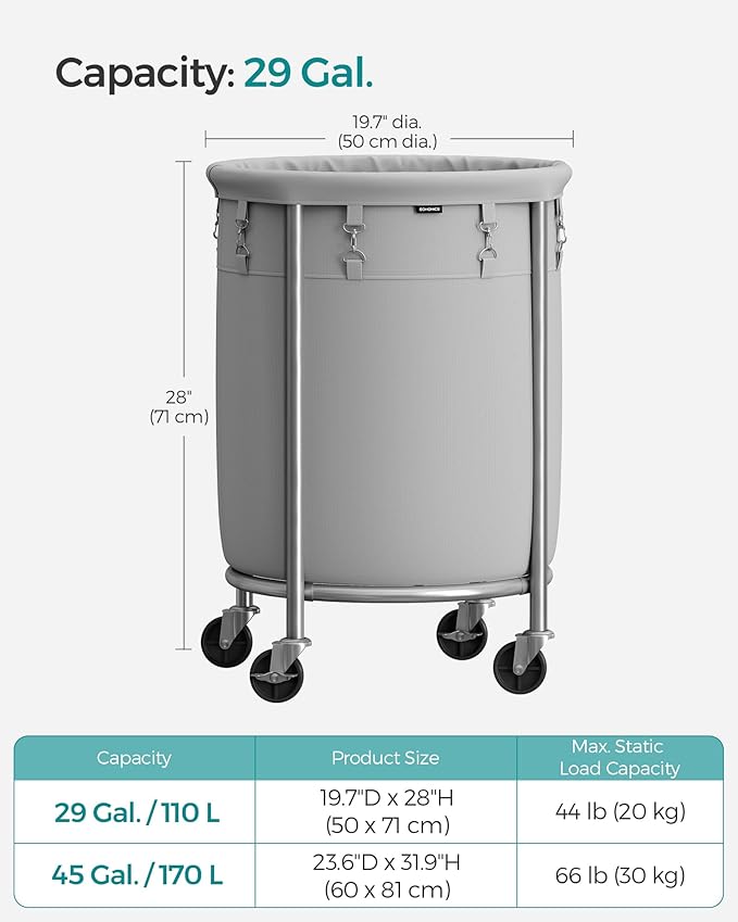 SONGMICS 29-Gallon (110 L) Laundry Basket with Wheels, Rolling Round Heavy-Duty Laundry Hamper Cart with Steel Frame and Removable Bag, 2 Locking Wheels, Gray and Metallic Silver URLS002G01