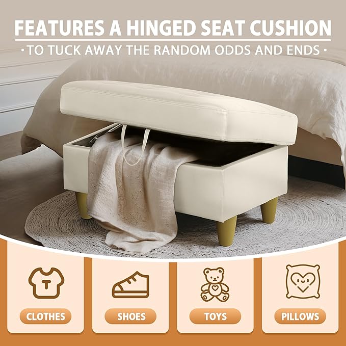 Ottoman Rectangular Storage Ottoman Bench, Faux Leather Footrest, Coffee Table, Stool Footstool with Hinged Lid for Living Room, Bedroom, Entryway, White, 35"x23.5"x17.5"