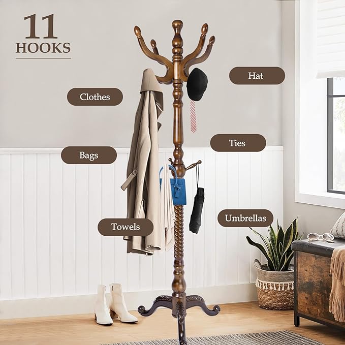 Wood Coat Rack Freestanding, Natural Coats Tree Stand with 11 Hooks, 74.8" Sturdy and Easy Assembly Coat Rack Stand for Entryway, Hallway, Bedroom, Bags, Hats (Tri-legged Base, Walnut)