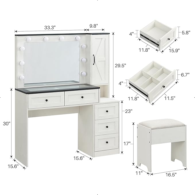 JXQTLINGMU Farmhouse Vanity Makeup Desk with Charging Station, 43" W Vanity Desk with Lights Mirror and Drawers for Makeup, Big Modern Makeup Table Set with Stool for Bedroom, Off White