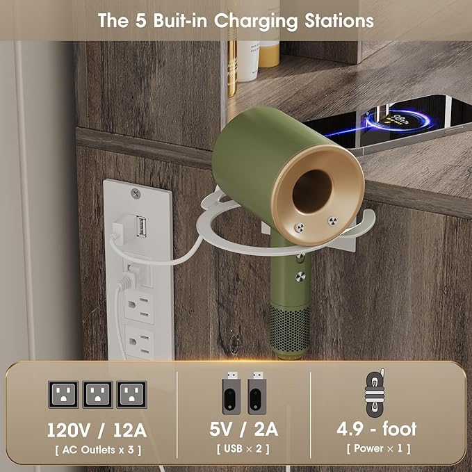 Vabches Makeup Vanity Desk, Vanity Mirror with Lights Desk and Chair,Makeup Table with 3 Large Drawers and 2 Cabinets, Time and Temperature Display, 3 LED Lighting Modes Adjustable, Grey