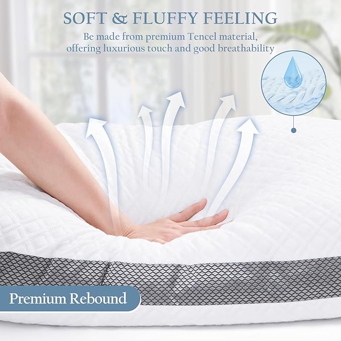 Tencel Standard Bed Pillows, Shredded Memory Foam Pillows, Adjustable Bed Pillow for Sleeping, 18"x26"Cooling Tencel Circular Knit Pillows for Side, Back, Stomach Sleepers（Pack of 1）