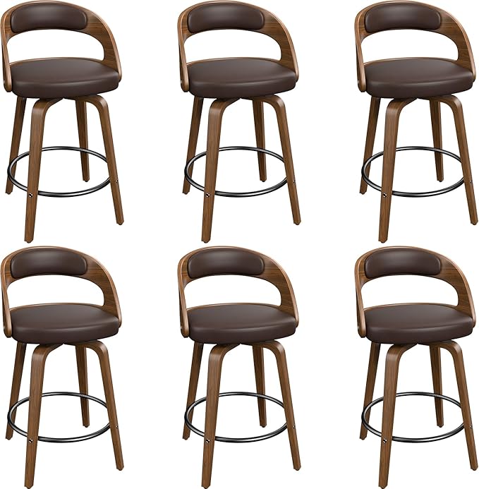Swivel Bar Stools Set of 6, 26" Counter Height Bentwood Barstool, Mid-Century Modern PU Leather Upholstered Bar Chair with Back and Footrest, for Kitchen Island, Bar, Cafe, Dining Room, Brown