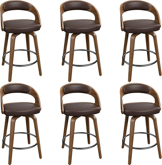 Swivel Bar Stools Set of 6, 26" Counter Height Bentwood Barstool, Mid-Century Modern PU Leather Upholstered Bar Chair with Back and Footrest, for Kitchen Island, Bar, Cafe, Dining Room, Brown