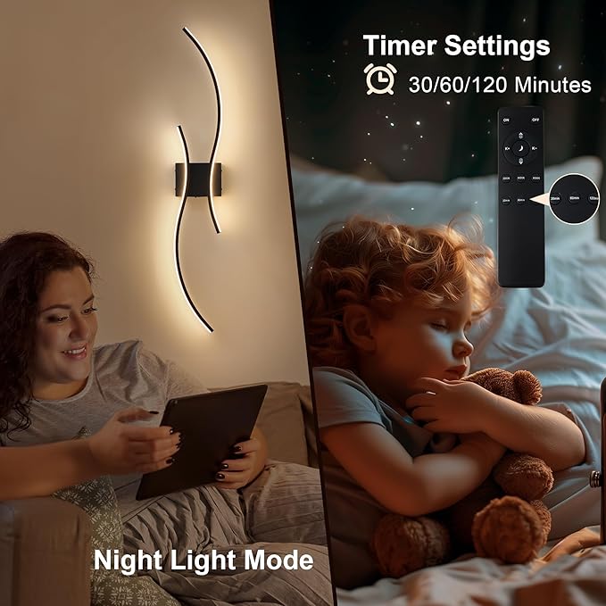 Battery Operated Wall Sconces with Remote Control, Stepless Colors 3000K-6000K & Dimming, LED Black Wireless Wall Light for Living Room, Hallway, Bedroom, 39.3 Inch (1 Pack)