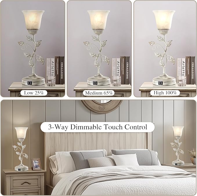 RORIANO Set of 2 Rustic Touch Table Lamps for Bedroom, 3-Way Dimmable Nightstand Flower Lamp with 2 USB Ports, Retro White Glass Shade Leaf Lamp for Living Room Entryway, 2 LED Bulb Included
