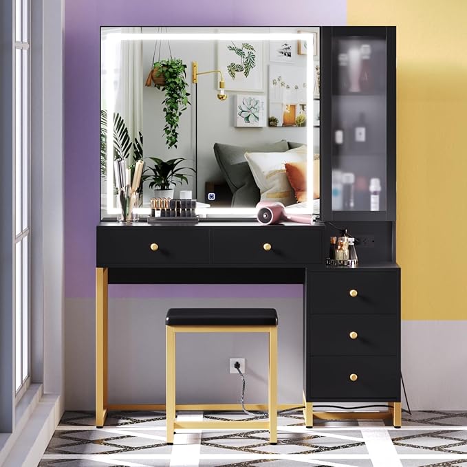 Vanity Set with Lighted Mirror and Charging Station, Extra Large Mirror Makeup Vanity Table with Cushioned Stool,5 Drawers, Modern Vanity Table with Nightstand (Black, Large)