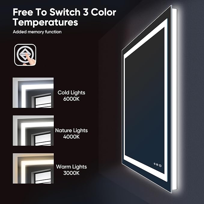 Antok 32"x 48" LED Bathroom Mirror with Lights, Anti-Fog, Dimmable, Lighted Vanity Mirror with Tempered Glass, Memory Function, 3 Light Modes, Safe Use, Horizontal, Vertical