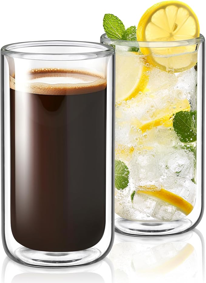 Joeyan Glass Double Walled Beer Drinking Glasses, Insulated Thermo Glass Tumbler Without Hole, Thickened Water Cocktail Highball Glass Cups, Smoothie Tea Coffee Glassware, 12oz, 2Pack, Dishwasher Safe