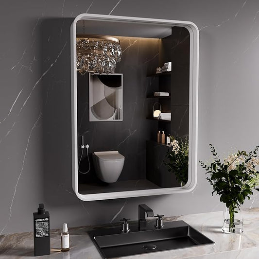 White Bathroom Mirror 22x30 Inch, White Metal Framed Bathroom Mirror for Wall, Rounded Rectangle Matte Bathroom Vanity Mirror, Tempered Glass, Anti-Rust, Horizontal/Vertical