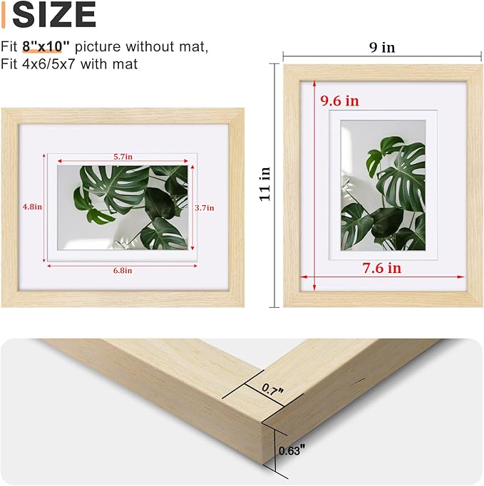 Egofine 8x10 Picture Frame Made of Solid Wood with Plexiglass, Display Pictures 4x6/5x7 with Mat or 8x10 Without Mat for Tabletop and Wall Mounting, Oak Wood
