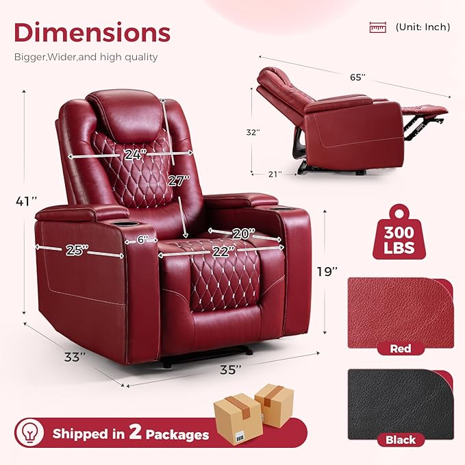 ANJ Power Recliner Chair Set of 3, Electric Soft Leather Reclining Home Theater Seating - USB Ports, Cup Holders, Hidden Arm Storage Movie & Media Room Chairs (Red)
