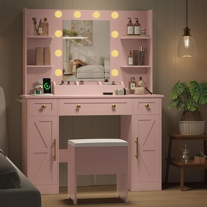Vanity Makeup Desk with Mirror and Lights, Farmhouse Vanity Table Set with Storage Drawers, Charging Station & Chair, 43" Large Rustic Dressing Table, 3 Lighting Modes for Women Girls Bedroom, Pink