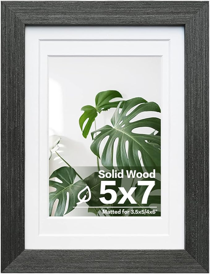 Egofine 5x7 Picture Frame Made of Solid Wood with Plexiglass, Display Pictures 3.5x5/4x6 with Mat or 5x7 Without Mat for Tabletop and Wall Mounting, Rustic Black