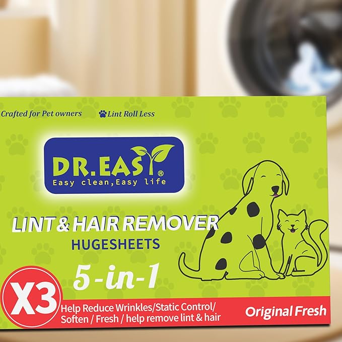 Dr.Easy LINT & HAIR REMOVER Pet HUGESHEETS with 3X Dryer Sheets, Original Fresh, 200 Count,PLANT&MINERAL-BASED FORMULA