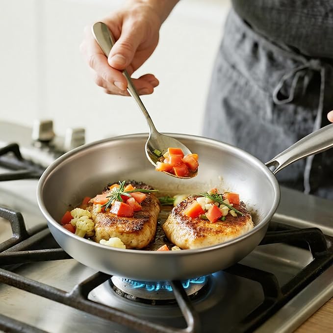 Kirecoo Tri-Ply Stainless Steel Pan - 12 Inch Frying Pan, Fast and Even Heat Stainless Steel Skillet, Induction Cookware, Dishwasher and Oven Safe Skillet