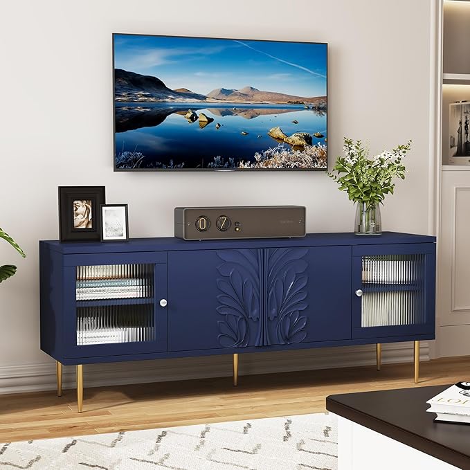 TV Stand for TVs up to 75 Inches, Mid Century Modern Entertainment Center with 3D Flower Pattern, Wood Media Console with 2 Fluted Glass Doors, Storage Cabinet for Living Room, Blue