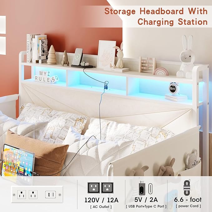 Maupvit Full Bed Frame with Storage Headboard and Drawer,Upholstered Platform Bed Frame with LED Lights & Charging Station,Full Size Bed with Guardrail,No Box Spring Needed,Beige